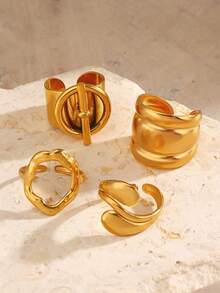 Set di 4 pezzi di anelli ovali in acciaio inossidabile placcati in oro 18K con linee geometriche spesse, adatti per l'uso quotidiano delle donne, gioielli di grandi dimensioni - Oro giallo - Visualizzare 7