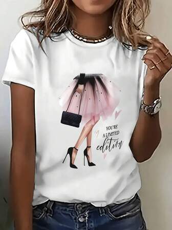 Damer i enfärgad rund halsad kortärmad Casual lös T-shirt med handväska tryck