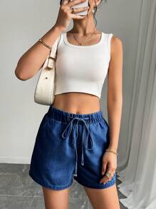 Mobula Sound# Sexy Music Festival Casual Vacation Stylish Fashion Elegant Elastic Waist Loose Women Blue Denim Shorts, Spring/Summer