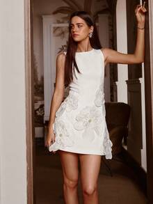 Women's New Sleeveless 3D Floral Decor Mini Dress, Elegant Formal Dress, Graduation Dress, Party Dress, Suitable For Christmas, New Year