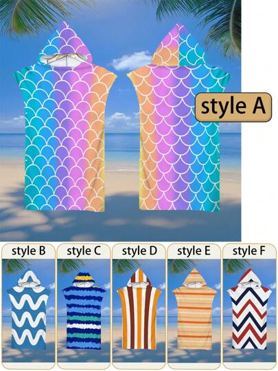 1 pieza Poncho con capucha de rayas multicolor, elementos oceánicos, manta de playa y toalla con capucha 2 en 1 de microfibra ultra suave con botones, desmontable para usar como manta de playa, toalla súper absorbente, adecuada para viajes, piscina, buceo, surf, yoga, camping