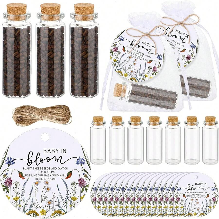 10/30 Juegos de recuerdos para fiesta de baby shower Botellas organizadoras de vidrio "Baby in Bloom" con tapón de corcho, etiquetas de agradecimiento y bolsa de organza, recuerdos para fiesta de revelación de género para invitados, sin semillas - Multicolor - Ver 1