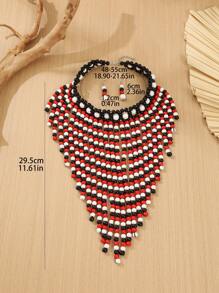 1 Set Di Collana e orecchini fatti a mano, a più strati, con nappine esagerate e perline, adatti per serate, vacanze, stile sud-est asiatico, bohémien, mediorientale, occidentale, retrò, raffinati