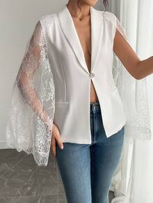 Women's Elegant Fashion Lace Panel Collar Blazer, Solid Woven Fabric Lace Splice Suit Jacket For Evening Date, Festival, Daily Formal Occasion, Spring Summer Autumn - White - View 6