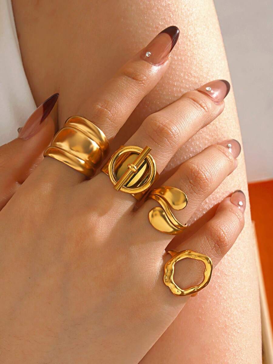 Set di 4 pezzi di anelli ovali in acciaio inossidabile placcati in oro 18K con linee geometriche spesse, adatti per l'uso quotidiano delle donne, gioielli di grandi dimensioni - Oro giallo - Visualizzare 1