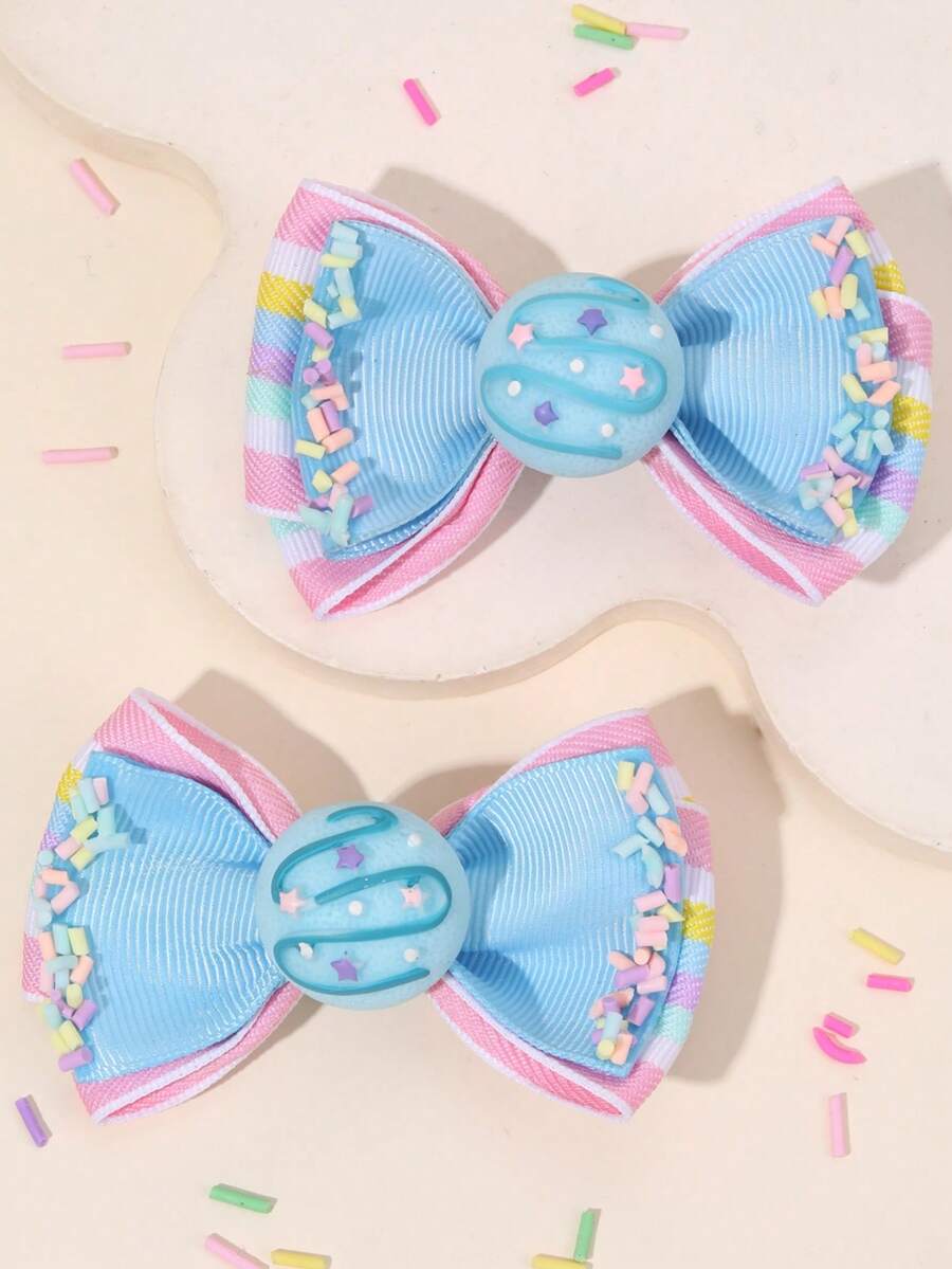2个/套 女孩蓝色缎带蝴蝶结发夹，彩虹条纹丝带蝴蝶结，冰淇淋造型可爱发饰，适合生日派对、日常佩戴、春夏 - 彩色 - 查看 1