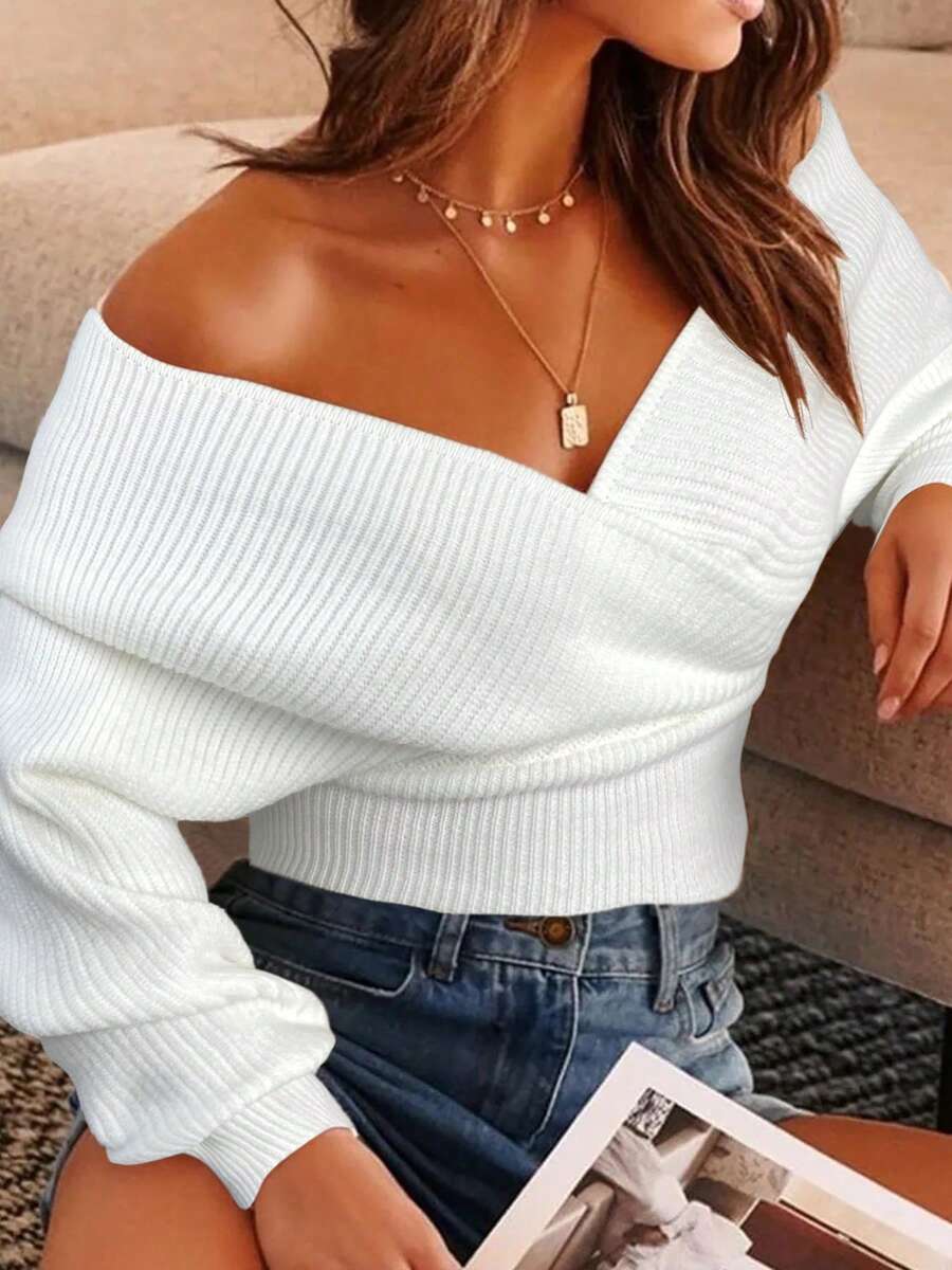 1PC Sexy Women's Knit V-Neck Solid Wrap Crop Long Sleeve Top