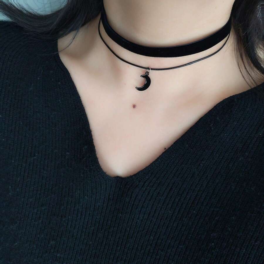 1 件简约百搭甜美朋克天鹅绒双层不锈钢串珠颈链，女士短项圈链项链，日常佩戴金属不褪色 - 黑色 - 查看 1