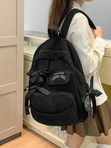 1 Pieza Mochila de gran capacidad, decoración de lazo minimalista y de moda, bolsa de viaje de material de pana, mochila con lazo lindo, esencial para volver a la escuela - Negro - Ver 2
