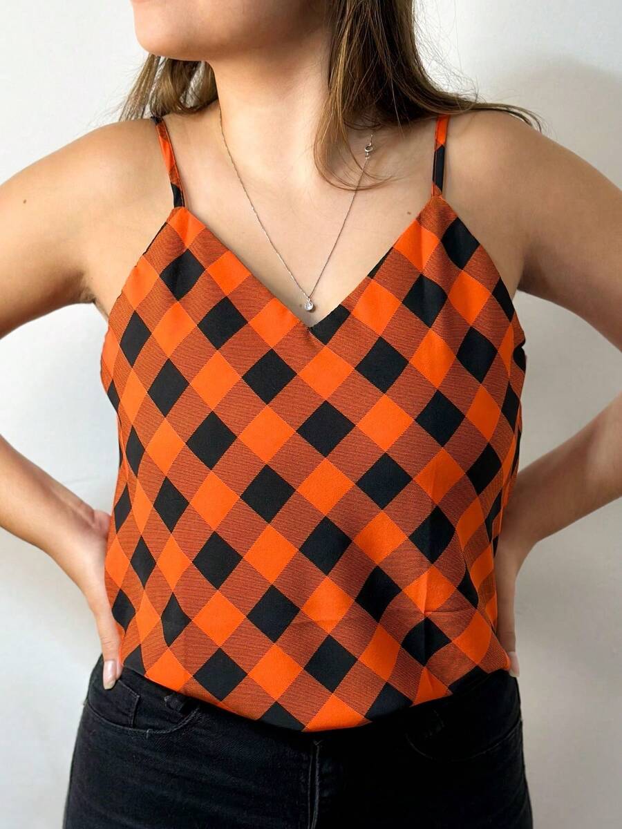 Women's Tank Top With Adjustable Straps Basic Crepe Strappy Top - Orange Chess - View 1