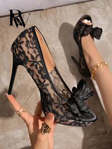 2025 New Open Toe Peep-Toe Mesh Lace Embroidery Bow Waterproof Platform Sandals Female Sexy Stiletto High Heels