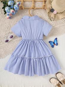 Girls' Summer Stripe V-Neck Short Sleeve A-Line Dress - Blue - View 2