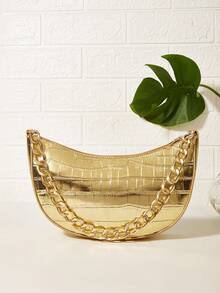 Shiny Alligator Print Chain Strap Baguette Shoulder Bag - Gold - View 7