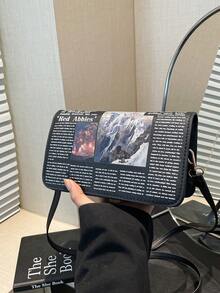 Newspaper Letter Print Minimalist Fashion Shoulder Bag & Mini Square Handbag - Black - View 8