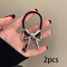 1pc Elegant Metal Bow Elastic Hair Band, Durable High Elasticity Hair Tie For Ponytail, Everyday Wear,Hair Accessories,Hair Elastics,Hair Ties,Hair Rope
