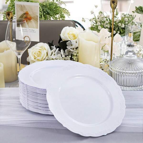 5/10/25pcs White & Pink Floral Print Lace Edge Plates, European Style