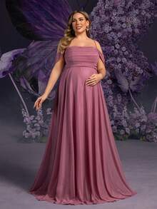 Faeriesty Vestido de maternidad de talla grande Dressalisa con tirantes ultradelgados y lazo en la espalda - Elegantes volantes en el busto y falda dramáticamente amplia para bodas de primavera/verano, fiestas formales, baby shower y eventos glamorosos (Estética floral romántica, silueta favorecedora, diseño de maternidad cómodo) - Rosa vieja - Ver 7