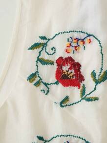 ZEVITY Sleeveless Flower & Leaf Embroidered Button Decor Chinese Style Shirt LS2556