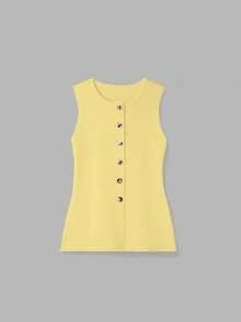 FOR BEAUTY Spring & Summer New Round Neck Button Minimalist Chic Urban Modern Knit Top, Cream Yellow, Commuter Style Graduation Top, New Year Casual - Garcinia - View 9