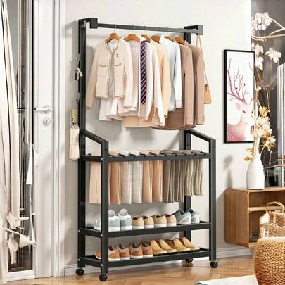 1개 360° 회전 가능한 롤링 옷걸이대, 이동이 쉬운 바퀴 달린 다기능 옷걸이대, 실내 옷걸이대, 침실 수납대, 신발 선반, 다단 옷걸이대, 간단한 설치 수납대, 이동식 옷걸이, 다기능 신발 선반, 옷 & 가방 선반, 모자 & 스카프 선반