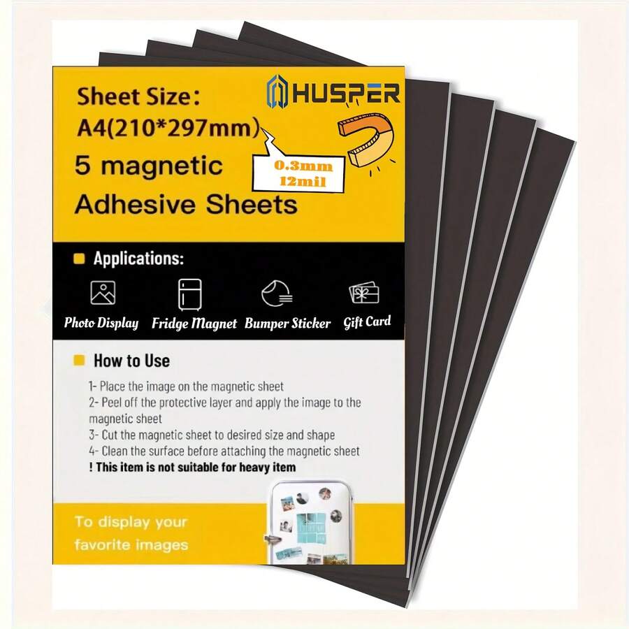 HUSPER A4 Size 0.3mm (12 Mil) 5 Sheets Flexible Magnetic Self-Adhesive Paper - 8.3*11.7 Inches - Black - View 1
