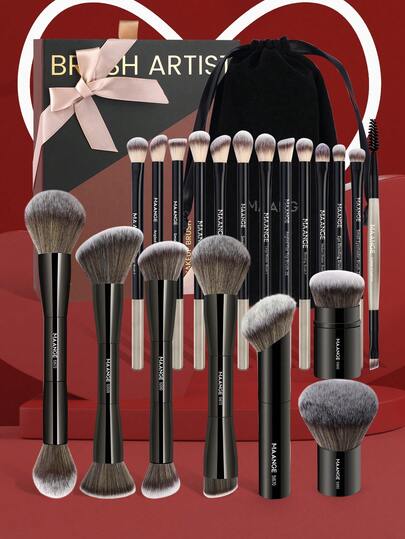 MAANGE 20支装专业铝制化妆刷套装礼盒装，包含粉底刷、散粉刷、腮红刷、眼影刷、睫毛刷、光晕刷、高光刷、修容刷、遮瑕刷、眉刷、唇刷等，是旅行化妆的理想之选，也是送给女性和女孩的礼物。