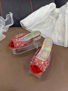 Girls Shiny Red Crystal Slippers, Fashionable & Versatile, Suitable For Fancy Dresses, Holidays, Parties, Vacations - Rose Red - View 4