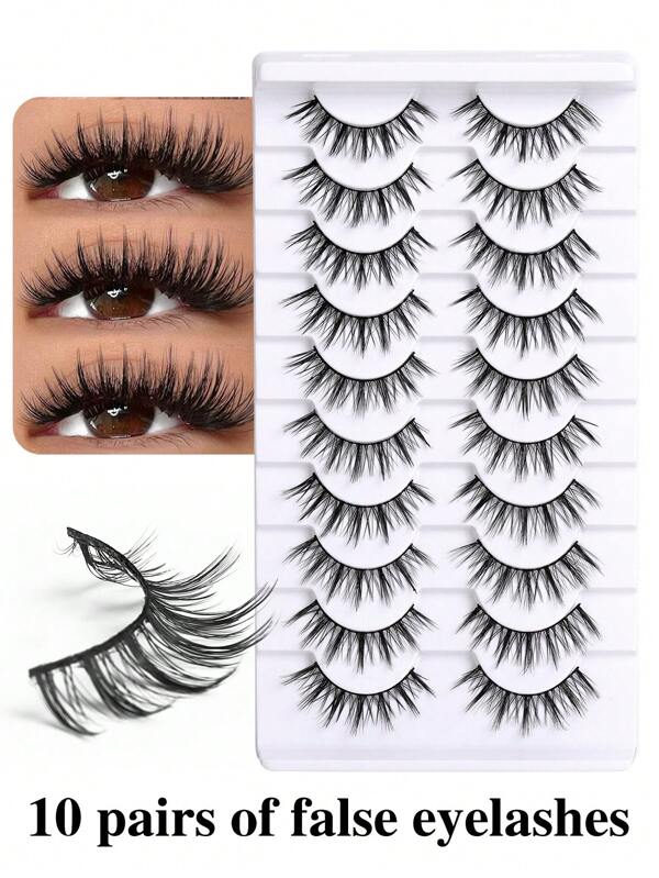 10 Pairs Cartoon Eyelashes With Natural Appearance, Cat Eye, Crossed Anime False Eyelashes, Makeup Tools For Party And Travel