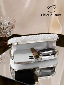 Geantă de seară elegantă, versatilă, cu perle artificiale, model picătură de apă, tip mini-clutch pentru femei, geantă de seară rafinată, geantă de petrecere retro de lux cu cristale, potrivită pentru nunți romantice, gale, baluri, petreceri formale de Crăciun, vine cu lanț