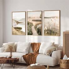 1件/3件套 现代乡村湖泊、日落、芦苇自然风景墙面艺术装饰画，当代艺术装饰海报，帆布画，适用于客厅、卧室、家庭办公室、浴室、餐厅 - 竖版，带框/不带框，带框墙面艺术品 - 彩色 - 查看 2
