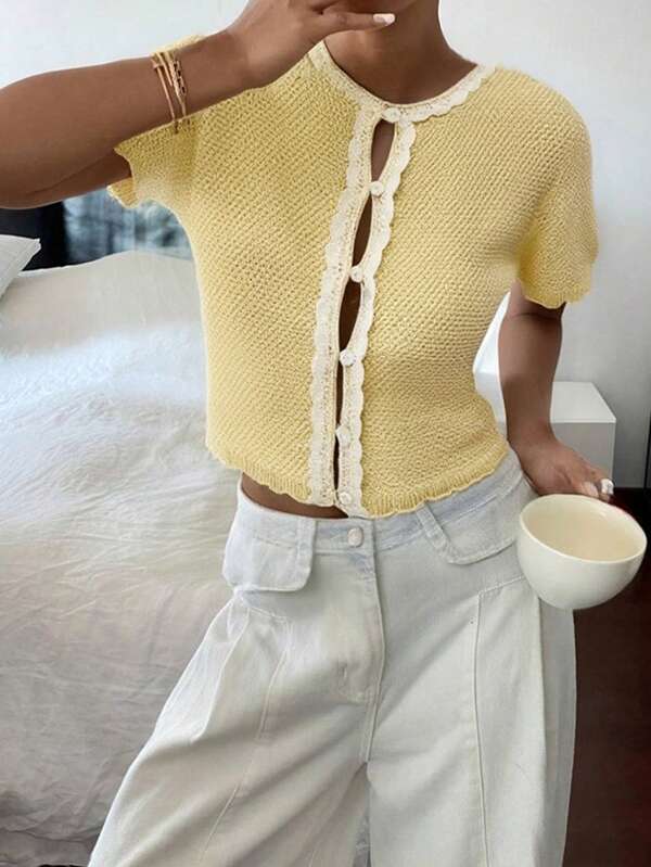 Women's Spring Summer Colorblocking Sweater Round Neck Comfortable Design Bohemian Casual Vacation Short Sleeve Front Button Knit Top,Summer Outfits For Women,4th Of July.