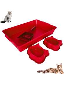 Kit Sanitário Banheiro Higiênico Completo Bandeja Caixa de Areia Comedouro Bebedouro Pá - Gatos Felinos - Vermelho - Visão 1