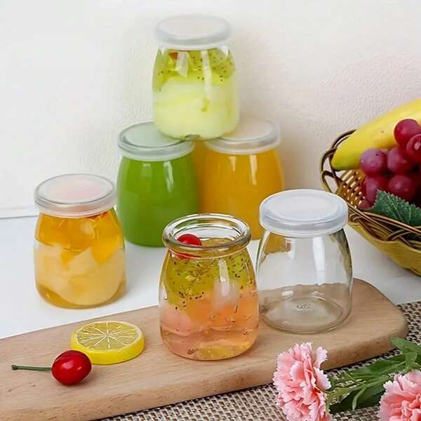 10pcs 4oz/100ml Glass Jars With PE Lids, Transparent Yogurt Jars, Glass Pudding Containers, Ideal For Jam, Honey, Wedding Supplies, Shower Favors