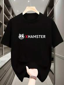Men's XHamster Graphic T-Shirt - Black Bold White Text & Red Logo Design, Soft Polyester Blend, Round Neck Short Sleeve, Machine Washable Casual Summer Tee With Smooth Fabric Texture, Everyday Comfort Wear - màu đen - Xem 1