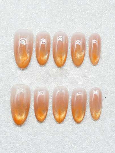 10 pezzi di unghie finte a punta di gatto con sfumature arancioni fosforescenti, realizzate a mano, per un uso quotidiano luminoso, accessori per unghie