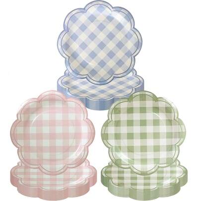 10/20/40/60pcs,Gingham Party Supplies Paper 7inch Plates Disposable Set Cutlery For Checkered Dinner Wedding Party Favor,Camp Gingham Paper Plates Gingham Checkered Bachelorette Party Supplies Glamping Birthday Dinner Plates Summer Bridal Shower Decorations Camping Themed Party Favors BabyShower(Blue ,Green And Pink)