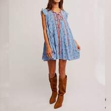 Women Y2k Boho Mini Dress Vintage Floral Tie Up Button Sleeveless Short Dress 2025 Summer Babydoll Sundress Beachwear - Màu xanh lam - Xem 3