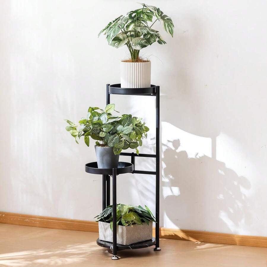 4 Tier Plant Stand Indoor, Space-Saving Planter Shelves Flower Pot, Tiered Wrought Metal Flower Shelf Plants Holder Display Rack, Flower Pot Holder Shelf For Living Room, Patio, Balcony - 3層黑色 - 查看 1