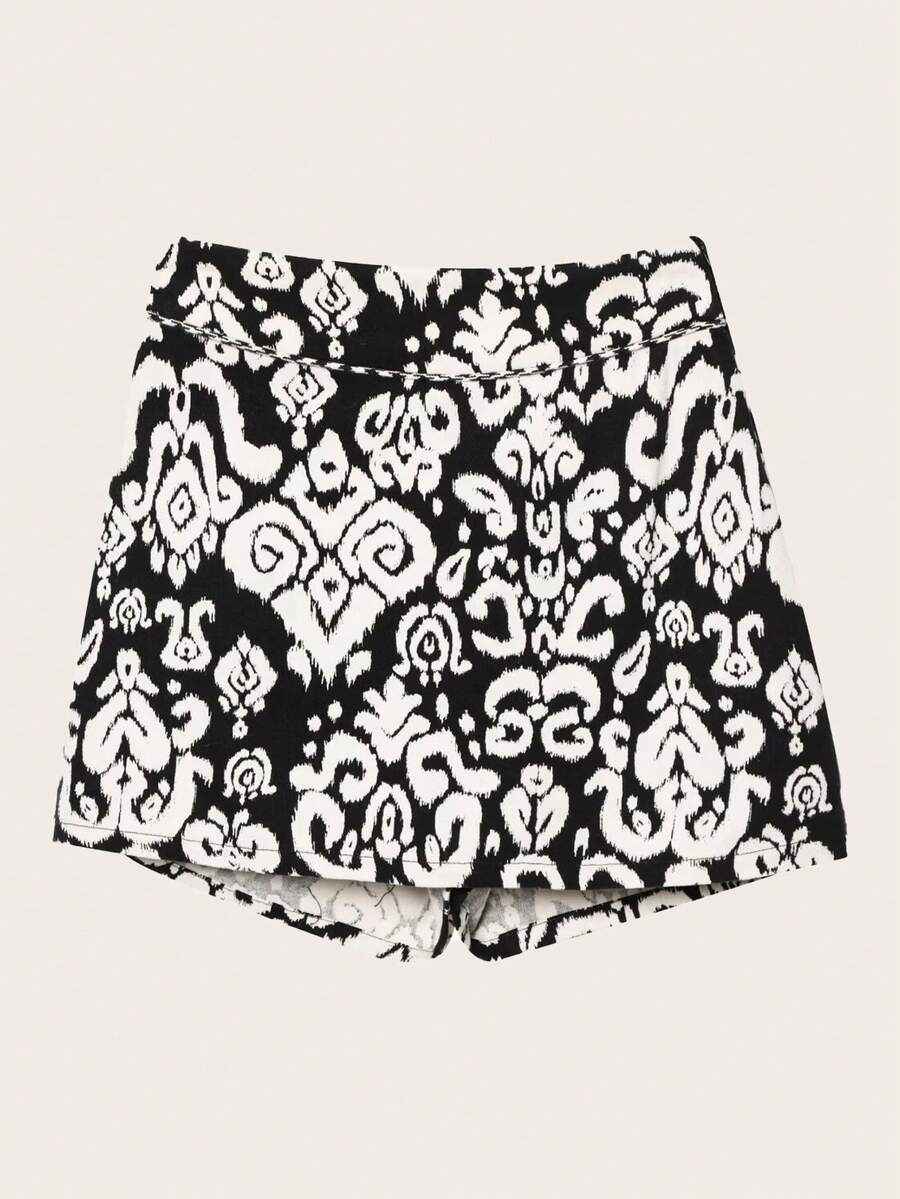 Women's Allover Print Fashion Casual Skorts, Summer - Black and White - View 1