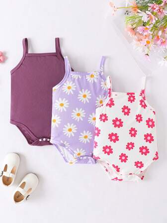 3pcs Newborn Baby Girl Casual Comfortable Solid Color & Floral Print Bodysuits, Suitable For Indoor & Outdoor Wear