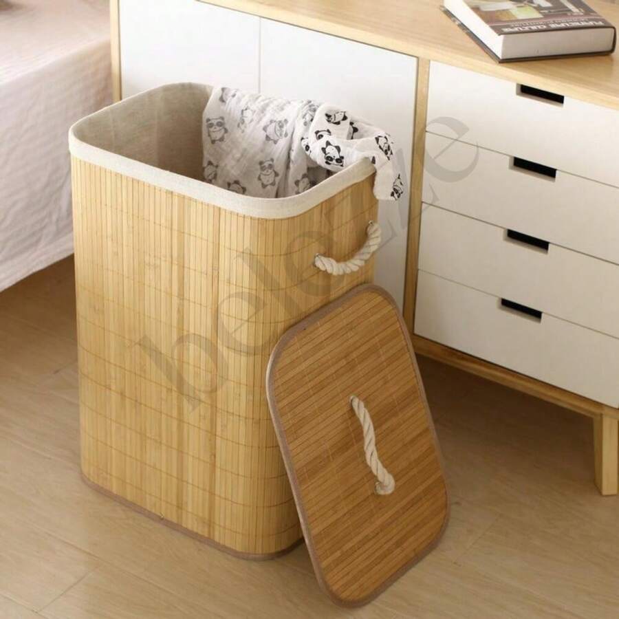 Bamboo Laundry Basket With Lid And Handles 50 Liters Large Multipurpose Laundry Organizer - 米色 - 查看 1