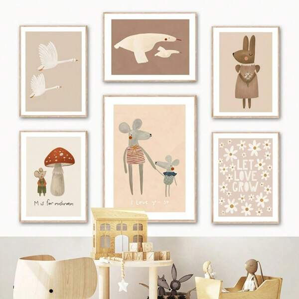 1pc/ 3PCSWall Arts Posters Optional Frame Modern Boho Cartoon Rabbit Mouse Goose Nursery Wall Art Canvas Painting Nordic Retro Poster Prints Wall Picture Baby Kids Room Decor, Wall Art With Frame