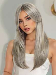 22-Inch Long Silver Butterfly Synthetic Hair Bangs Wig, 100% Imported Fiber Hair, Natural And Realistic, Suitable For Cosplay, Back To School Season And Other Occasions - 銀色 - 查看 2