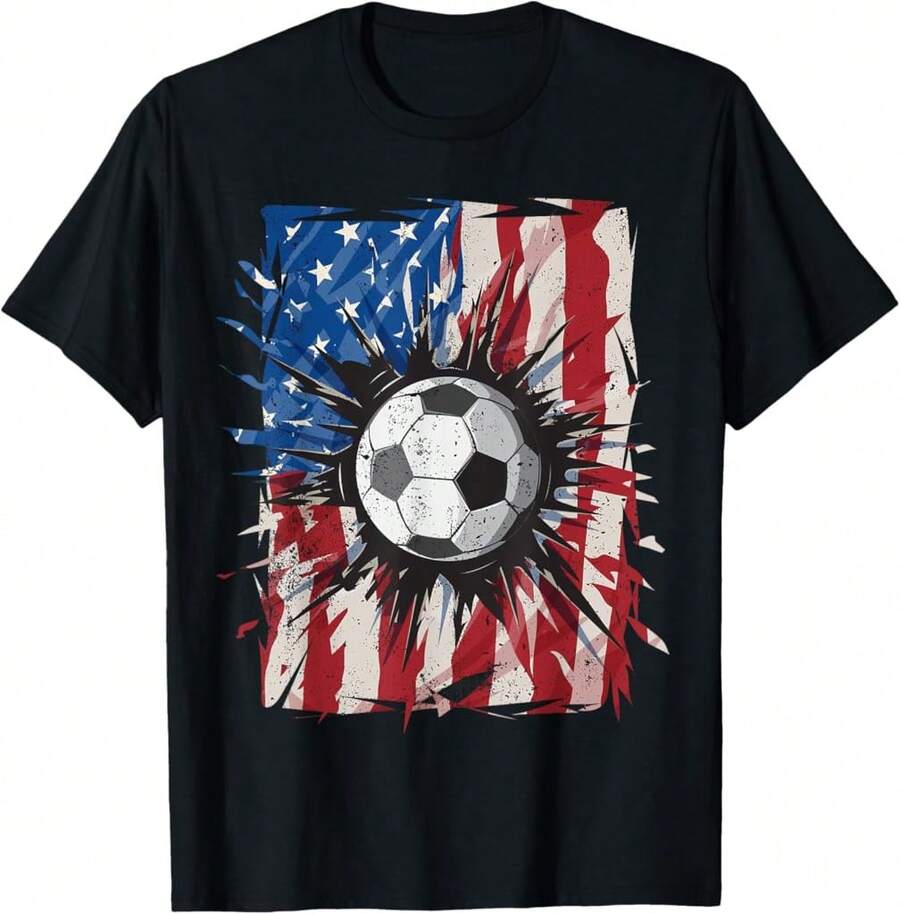 Patriotic Soccer 4Th Of July Men Usa An Flag Boys T-Shirt Gift For Dad Gift For Beer Lovers Christmas Gift For Coworkers,Black T-Shirt, 100% Cotton, Men's T-Shirt,,Funny Graphic T Shirts,S-XXXL,Vintage Shirt - Black - View 1