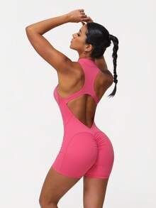 Sodalemon Women Zipper Tight Fitness Jumpsuit Backless Peach Hip Shorts Yoga Jumpsuit