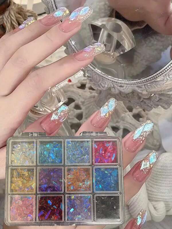 12 piezas/caja Rhinestones de uñas Aurora, en una variedad de formas y colores brillantes, adecuados para decoración de arte de uñas DIY y accesorios de arte de uñas, suministros para uñas, encantos para uñas
