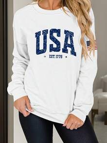 Womens 4th Of July Sweatshirts Long Sleeve Round Neck Letter Print Pullovers Oversized Tops - White - View 6