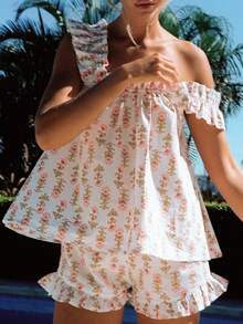 Women's Floral Pajama Set 2 Piece Loungewear Cute Ruffle Trim Cami Tank Top And Shorts Set Matching Pjs Set - trắng - Xem 1