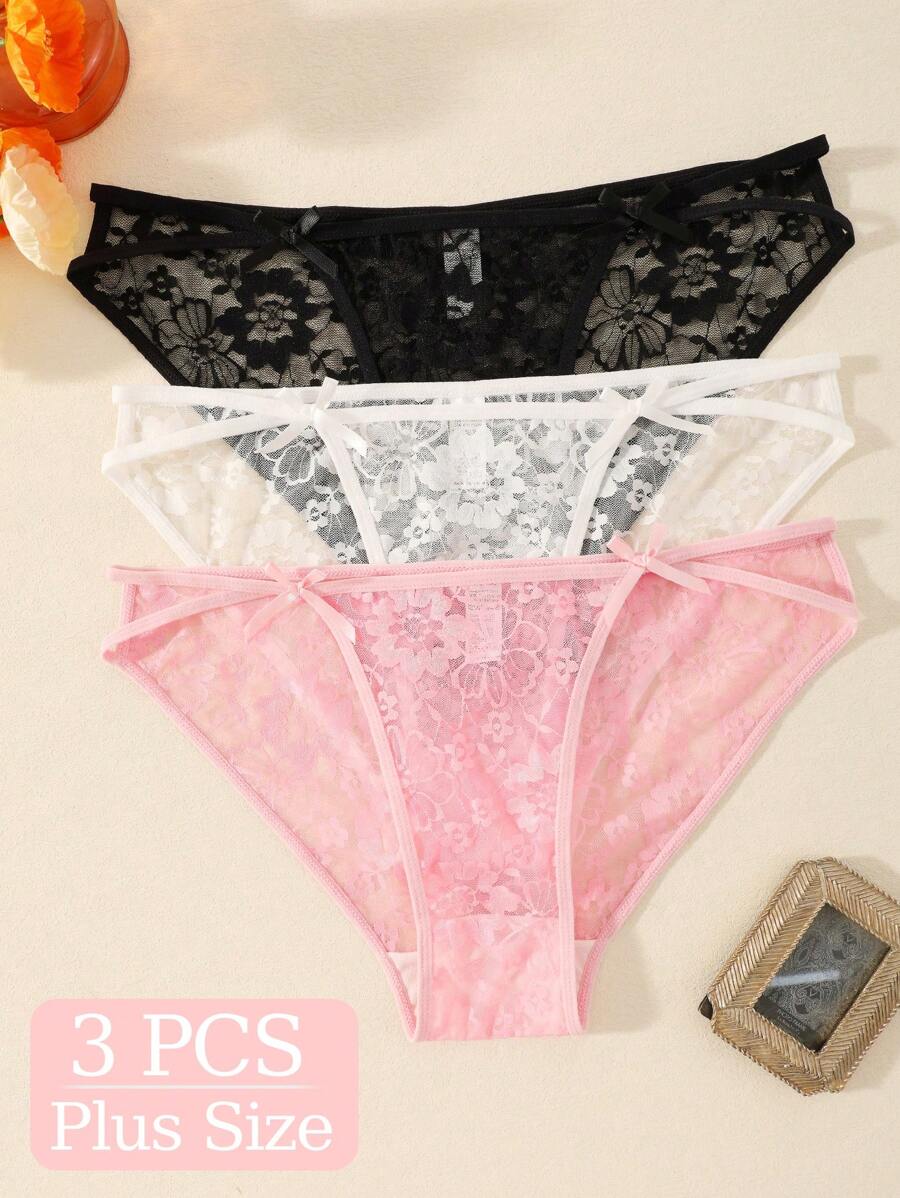 3 Stücke unifarbene sexy minimalistisch-romantische französische süß-elegante verführerische durchsichtige Schleife gestrickte Stoff Damen Unterwäsche für Frühling/Sommer/Herbst/Winter