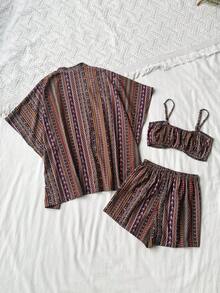 Rusttydustty Completo casual da donna in tre pezzi, stile boho, adatto per vacanze, spiaggia, festival musicali alle Hawaii, vacanze tropicali - Multicolore - Visualizzare 3